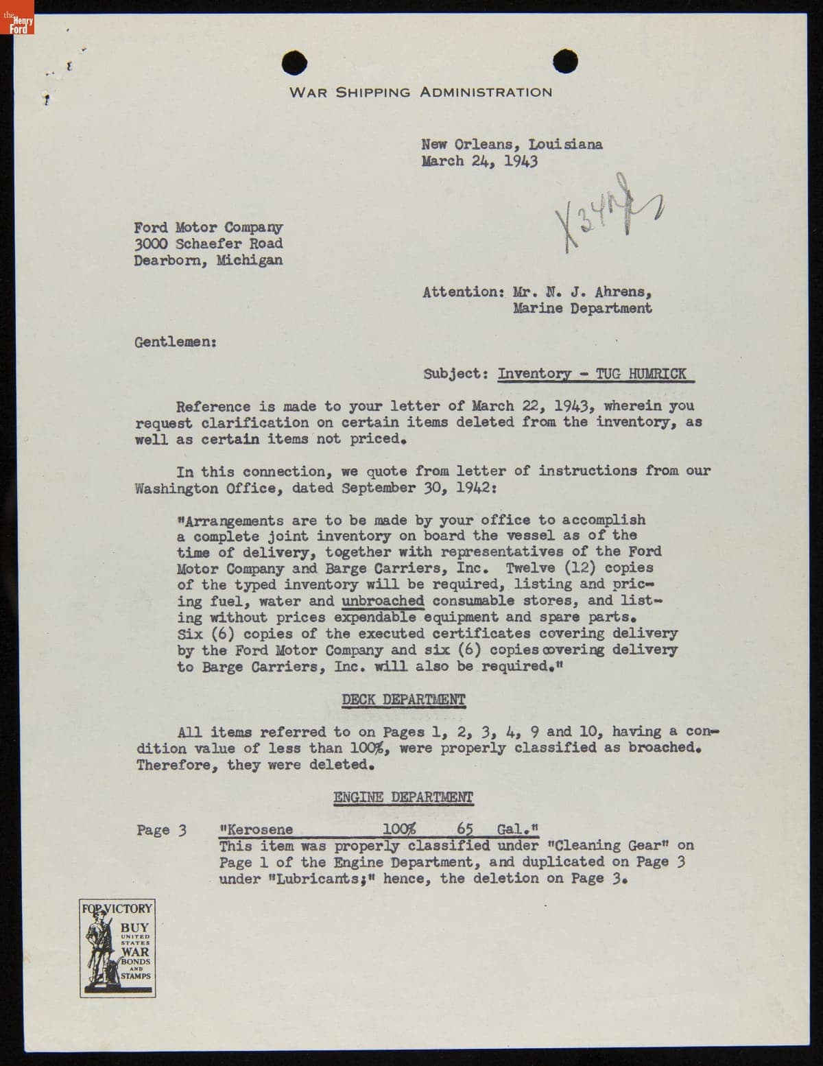 Letter to Ford Motor Company regarding Inventory Discrepancies on Ford Tugboat "Humerick," March 24, 1943