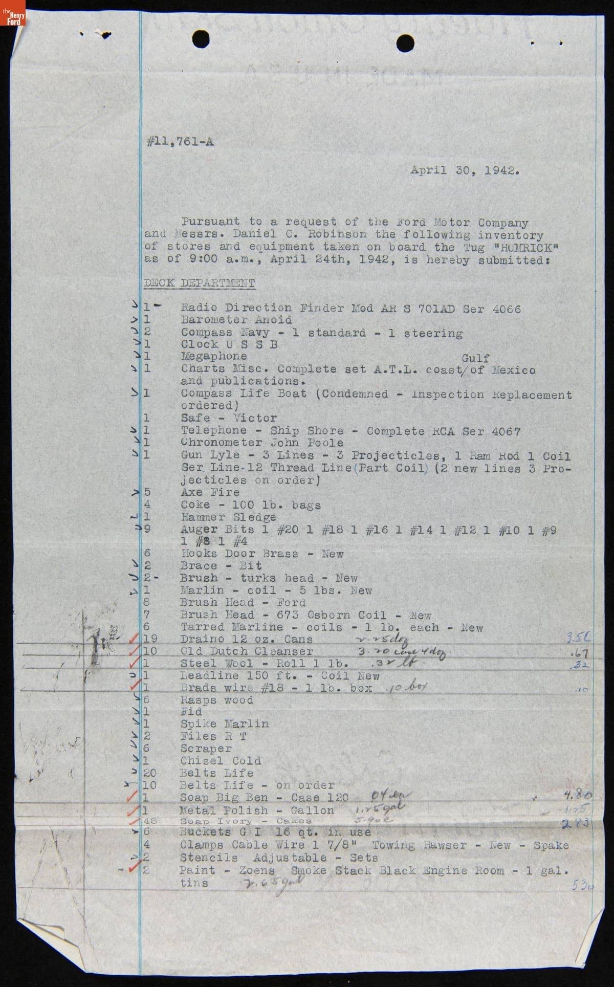 Inventory of Consumable Stores on Ford Tugboat "Humerick," April 30, 1942