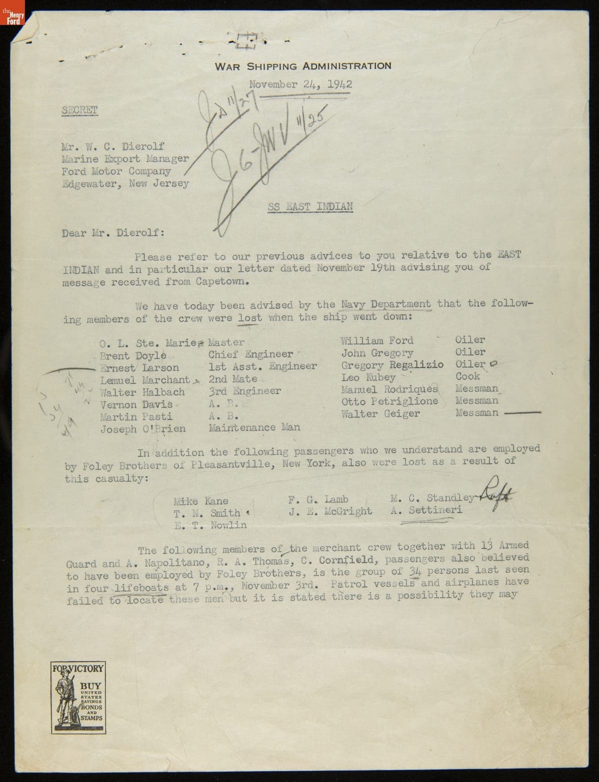 Correspondence regarding Lost Crew Members of the Sunken Ship "East Indian," November 1942