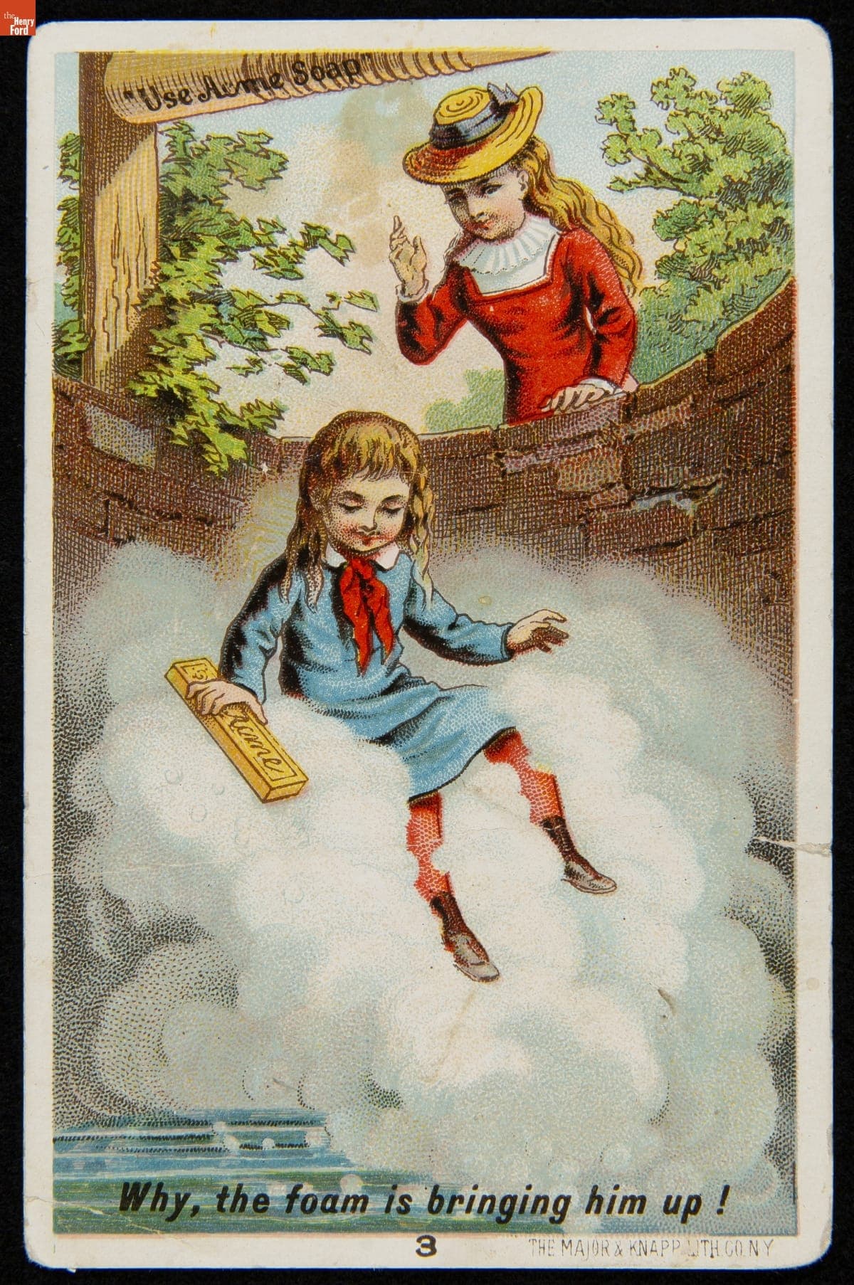 Trade Card for Lautz Bros. & Company's Acme Towel Soap, "Why, the Foam is bringing him up!," circa 1885