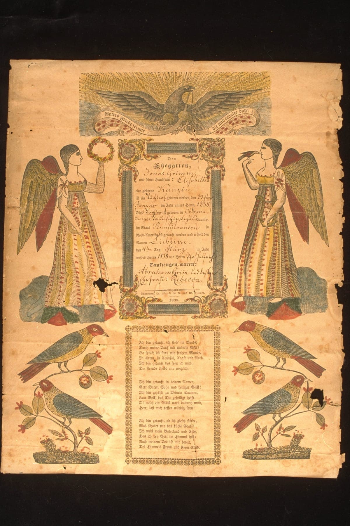 Birth and Baptismal Certificate for Liebeine Grimm, 1838