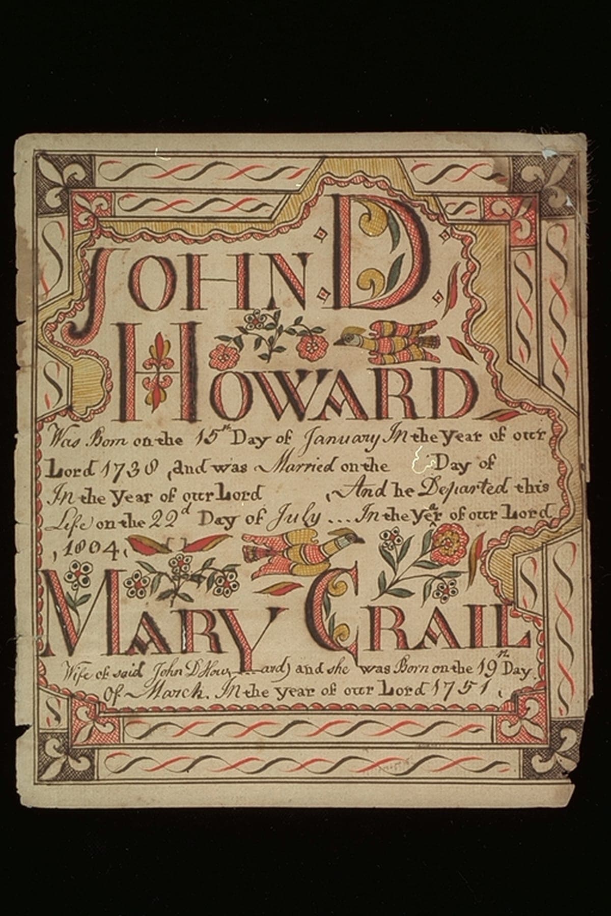 Birth, Marriage, and Death Certificate for John D. Howard, circa 1820