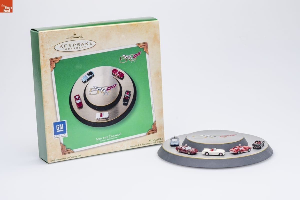 Hallmark "Corvette's 50th Anniversary: Join the Caravan!" Miniature Christmas Ornaments and Display Stand, 2003