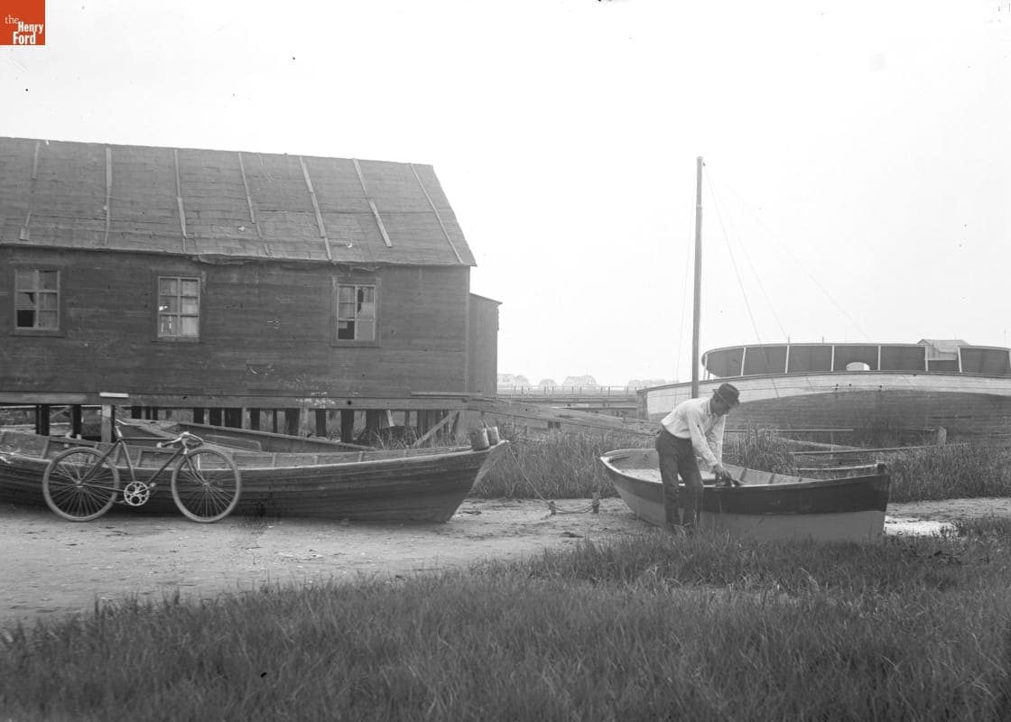 View from Kalulu's, Bicycle, Man with Boat, 1890-1915