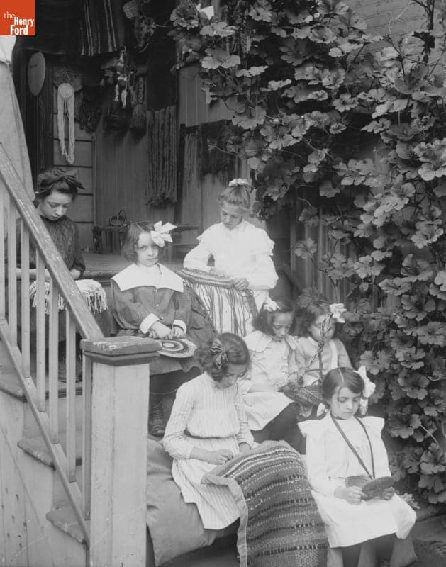 Girls on Porch Weaving (Miss Griswold), 1890-1915