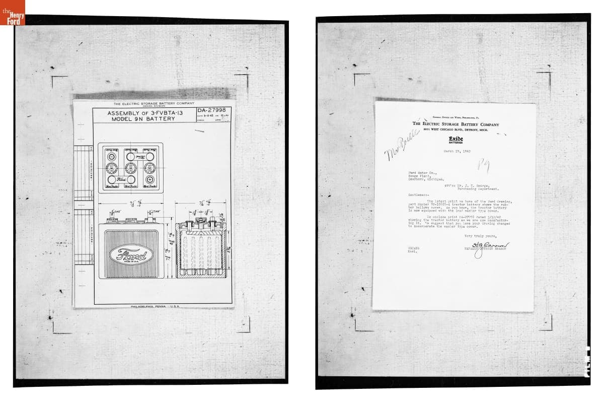 Drawing, "Assembly of 3-FVBTA-13 Model 9N Battery," Ford Tractor, March 12, 1942