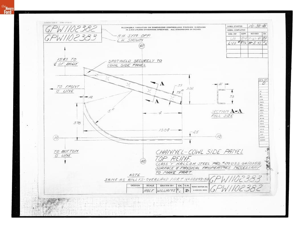 Drawing, "Channel - Cowl Side Panel Top Reinf.," Ford GPW, October 5, 1942
