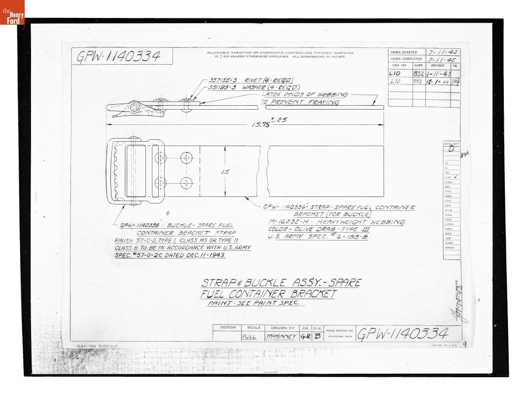 Drawing, "Strap & Buckle Ass'y. - Spare Fuel Container Bracket," Ford GPW, December 1, 1944