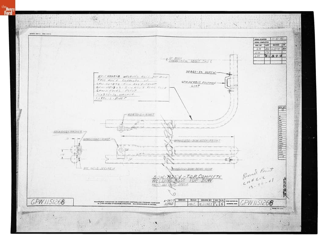 Drawing, "Bow - Ass'y - Top Complete/Welding Assy. Top Bow," Ford GPW, September 1942