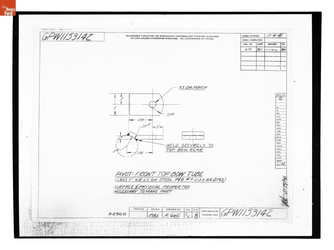 Drawing, "Pivot - Front Top Bow Tube," Ford GPW, November 14, 1941
