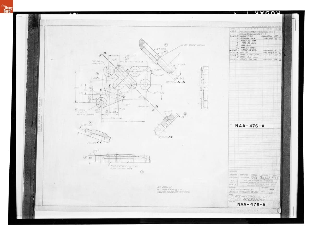 Drawing, "Plate - Hydraulic Lift Cover Accessory," Ford Tractor, May 7, 1952