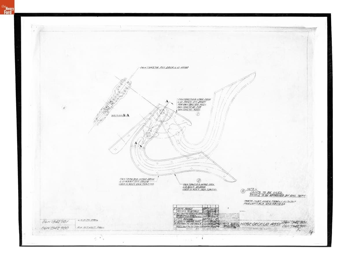 Drawing, "Hinge - Deck Lid Ass'y," Lincoln Automobile, October 27, 1939
