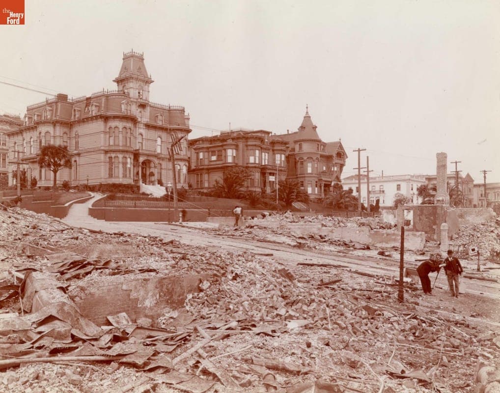 Edge of Burned District, Corner of Franklin and Sacramento Streets, San Francisco, California, 1906