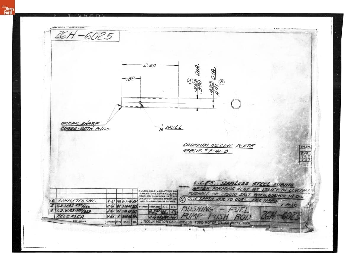 Drawing, "Bushing - Fuel Pump Push Rod," Lincoln Automobile, August 9, 1946