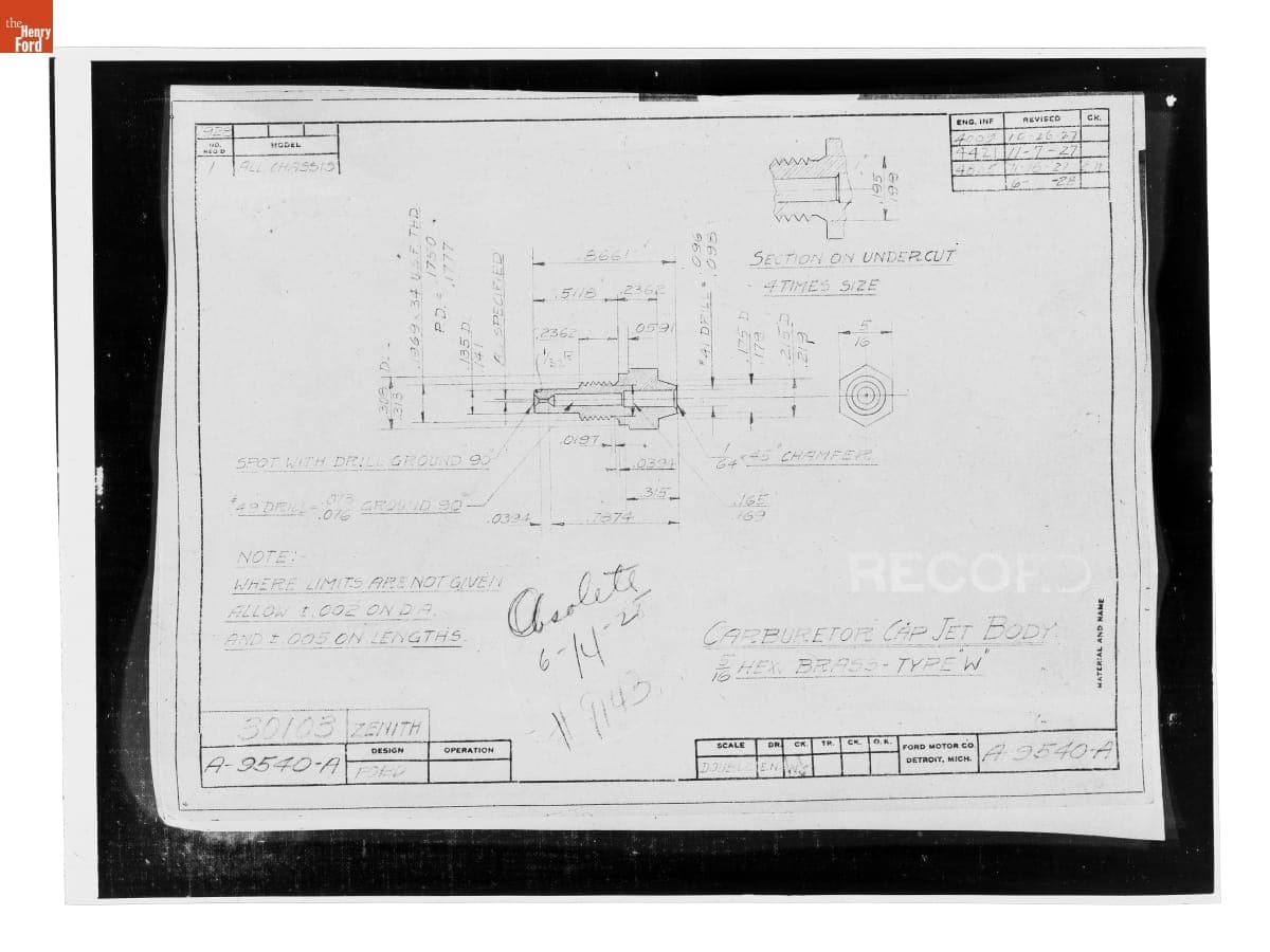 Drawing, "Carburetor Cap Jet Body," Ford Model A, June 14, 1928