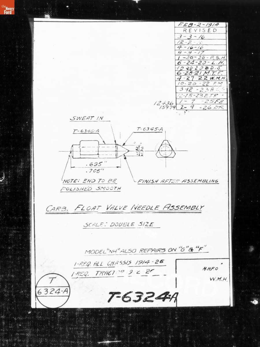 Drawing, "Carb. Float Valve Needle Assembly," Ford Model T, February 9, 1926