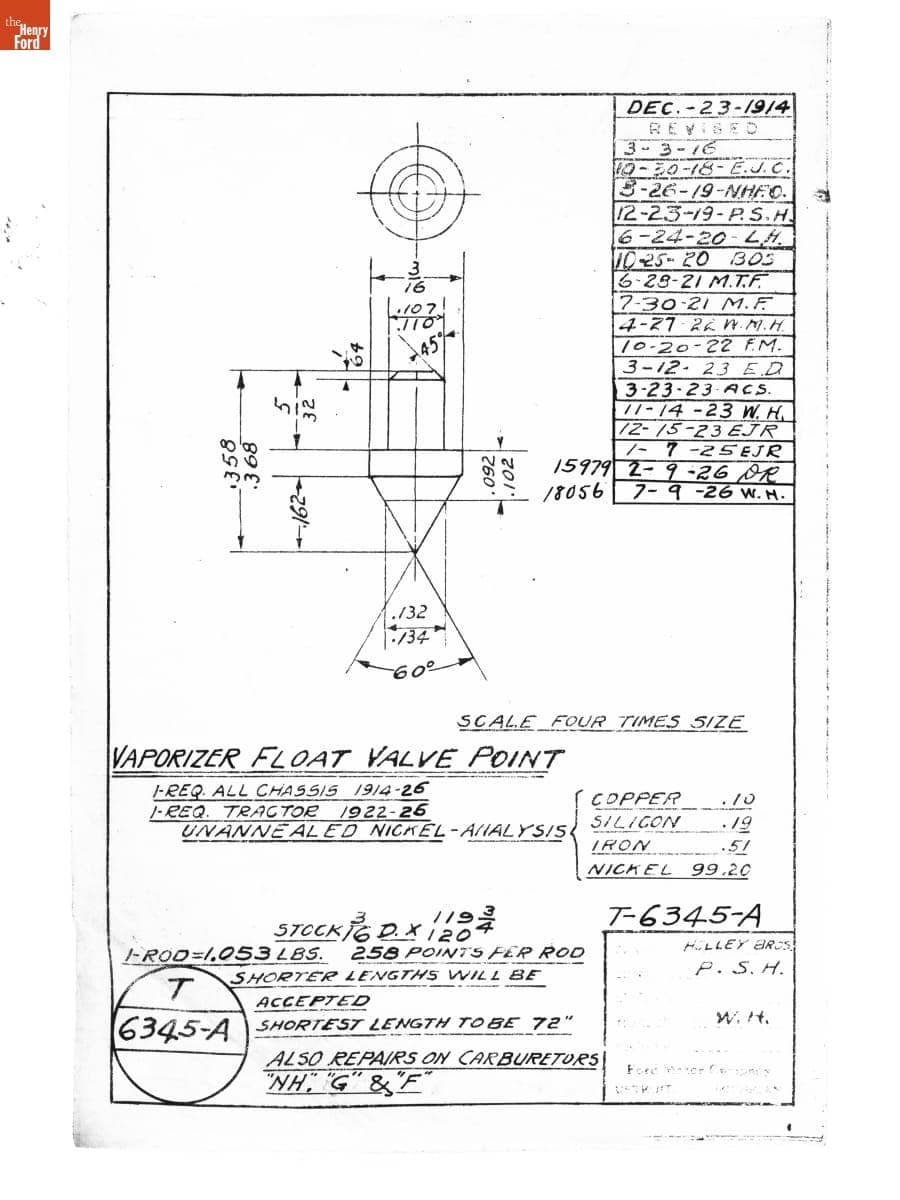 Drawing, "Vaporizer Float Valve Point," Ford Model T, July 9, 1926