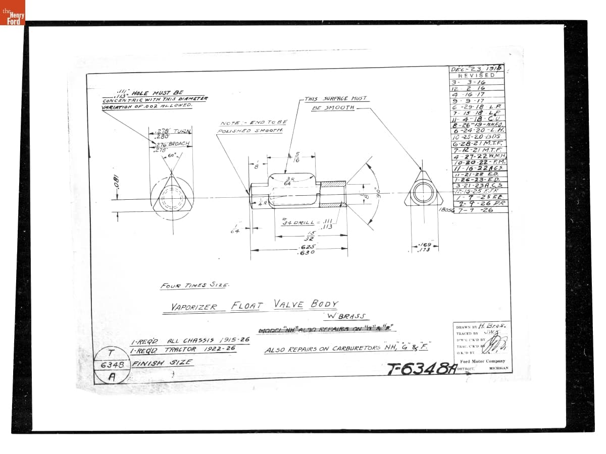 Drawing, "Vaporizer Float Valve Body," Finish Size, Ford Model T, July 9, 1926