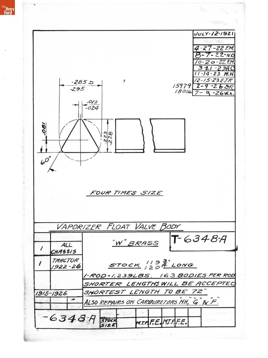 Drawing, "Vaporizer Float Valve Body," Stock, Ford Model T, July 9, 1926