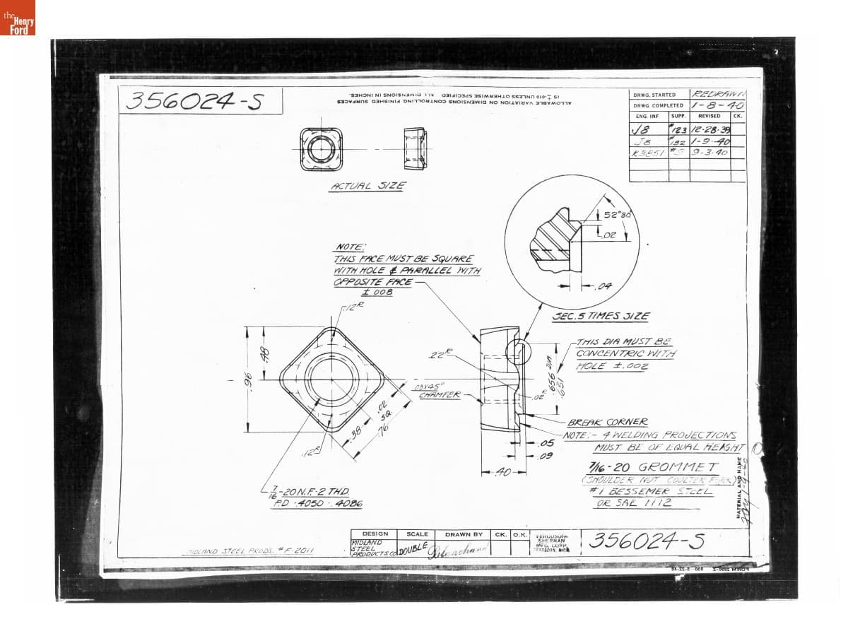 Drawing, "7/16-20 Grommet," Ford Automobile, September 3, 1940