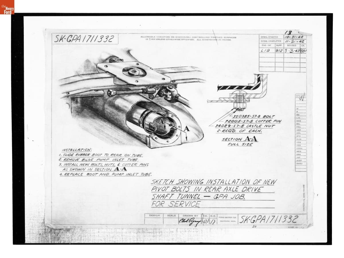 "Sketch Showing Installation of New Pivot Bolts in Rear Axle Drive Shaft Tunnel," Ford GPA, March 3, 1943