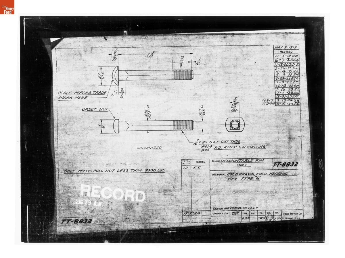 Drawing, "Demountable Rim Bolt," Ford Model TT Truck, August 5, 1924