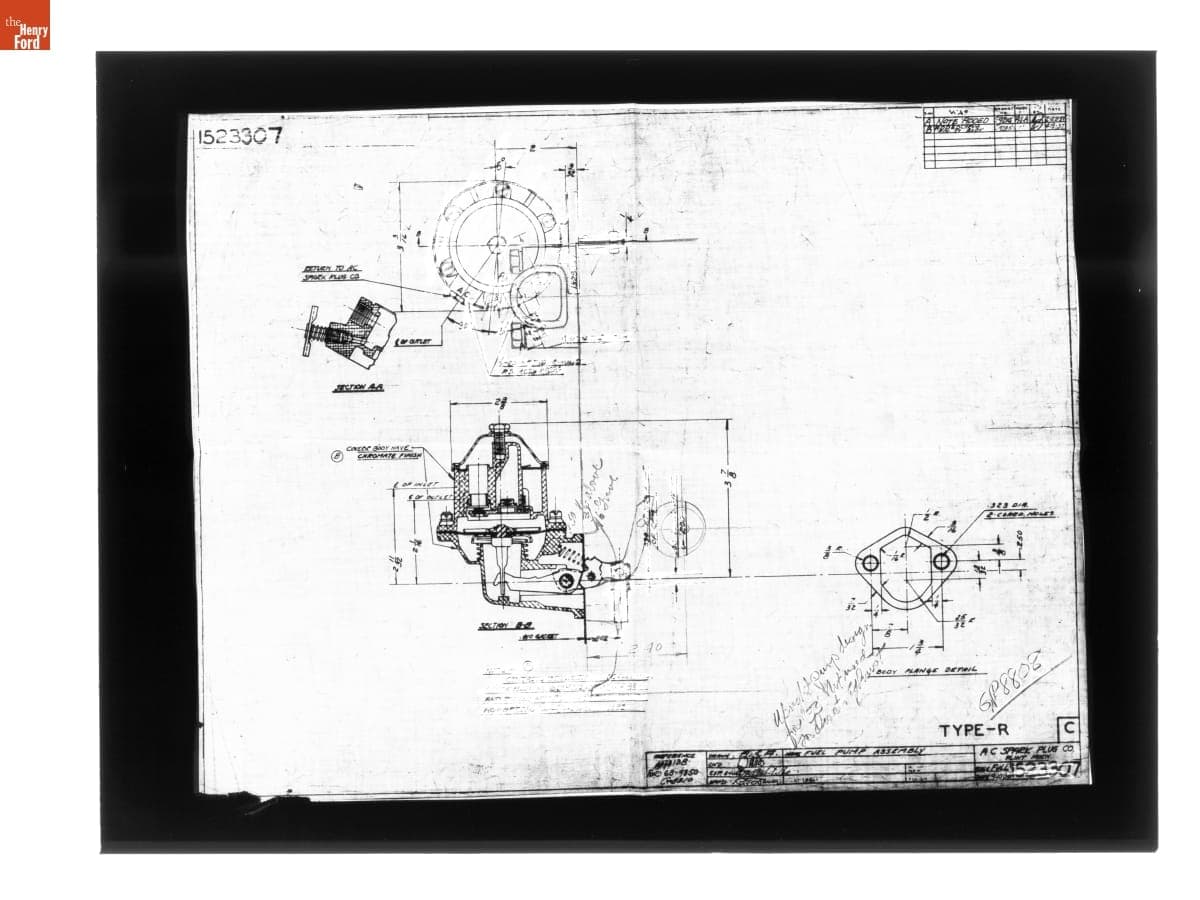 Drawing, "Fuel PUmp Assembly," Ford GP, April 9, 1937