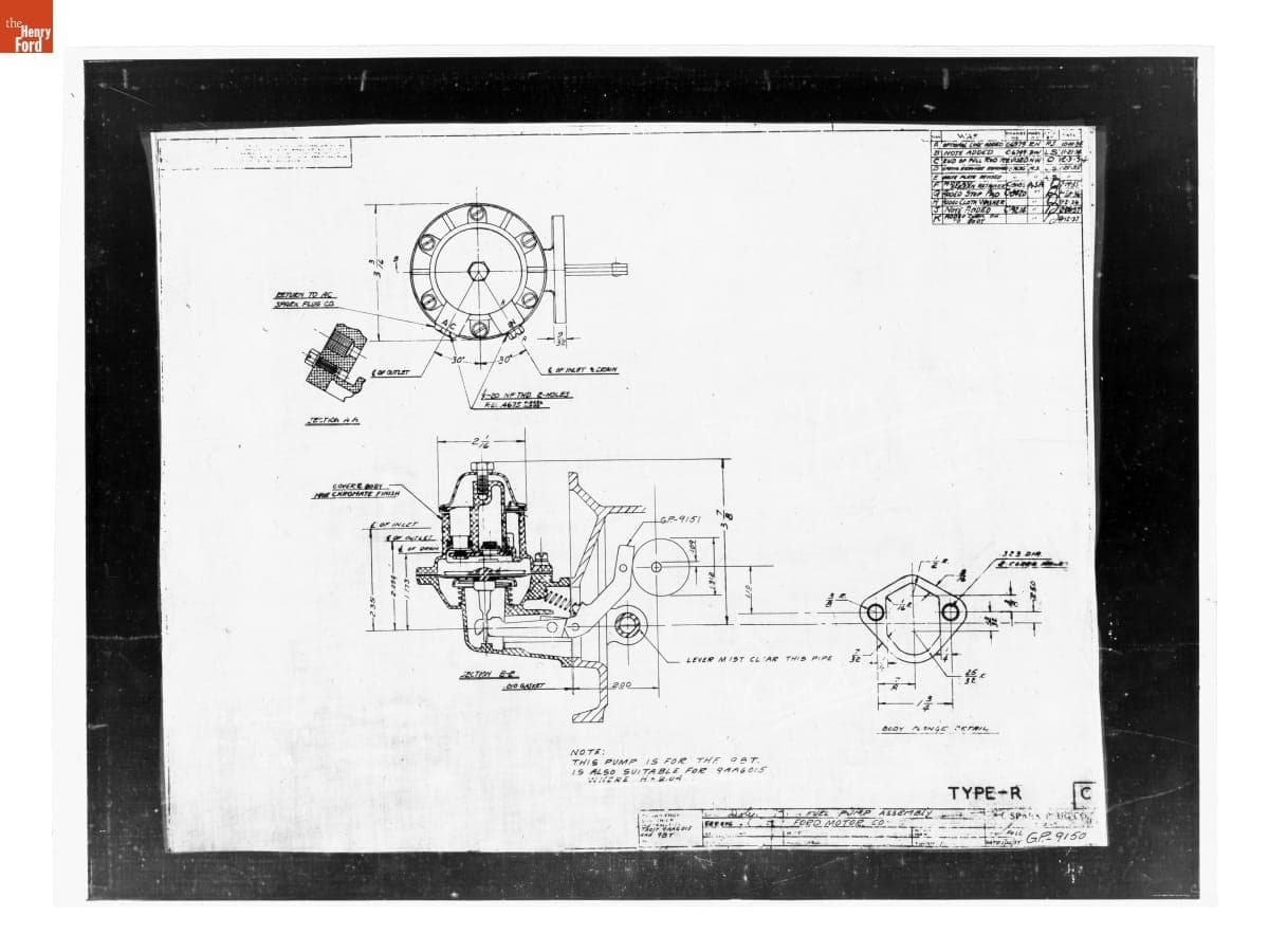 Drawing, "Fuel Pump Assembly," Ford GP, April 12, 1937