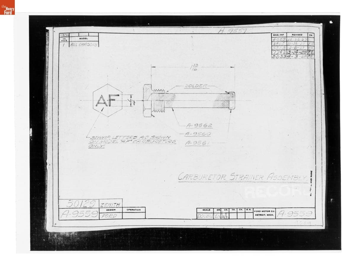 Drawing, "Carburetor Strainer Assembly," Ford Model A, April 3, 1928