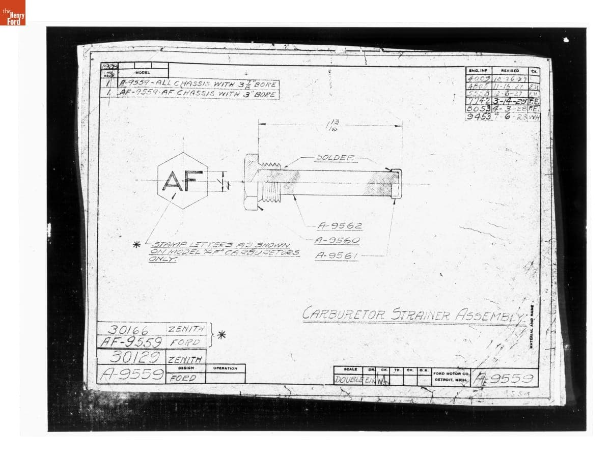 Drawing, "Carbruetor Strainer Assembly," Ford Model A, July 6, 1928