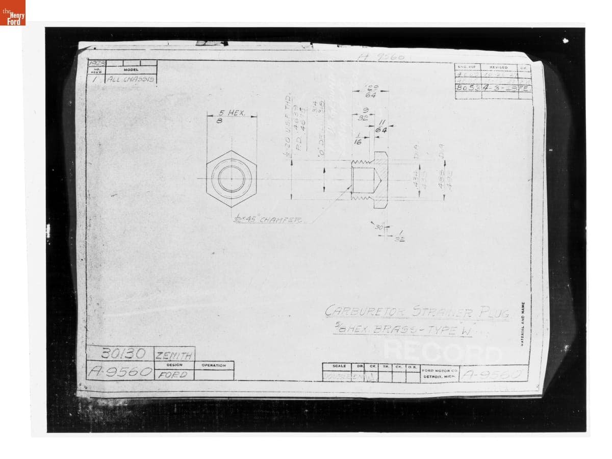 Drawing, "Carburetor Strainer Plug," Ford Model A, April 3, 1928