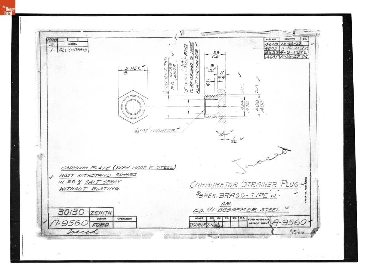 Drawing, "Carburetor Strainer Plug," Ford Model A, November 26, 1929