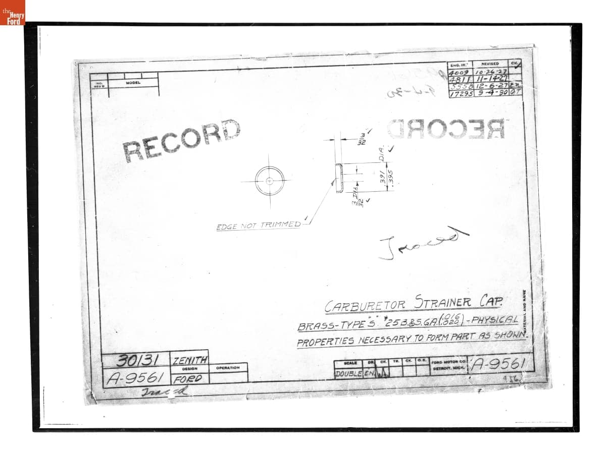 Drawing, "Carburetor Strainer Cap," Ford Model A, September 4, 1930