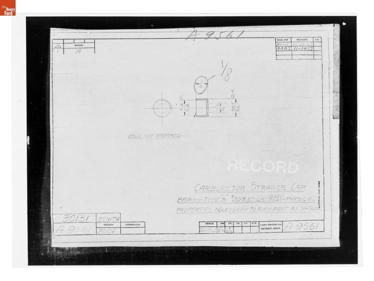 Drawing, "Carburetor Strainer Cap," Ford Model A, November 14, 1927