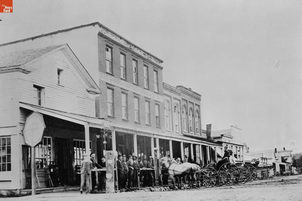 Horse-Drawn Carriages and Crowd of Men in Northville, Michigan, circa 1900