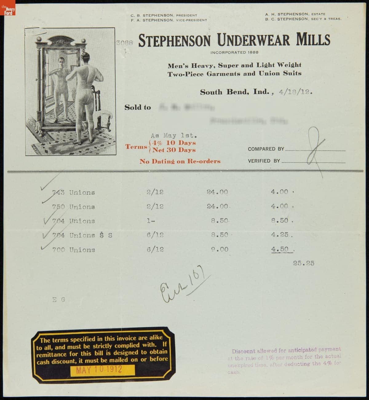 Receipt for Union Suits, Stephenson Underwear Mills, April 18, 1912