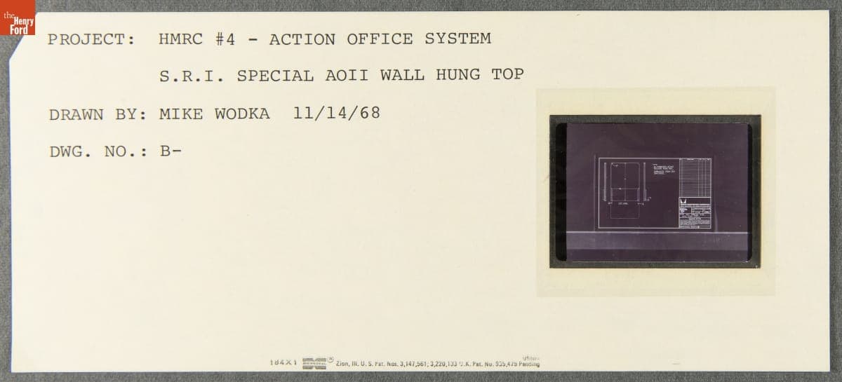 Technical Drawing, "Action Office System S.R.I. Special AOII Wall Hung Top," November 14, 1968