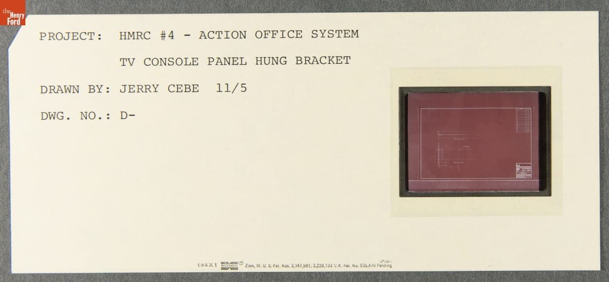 Technical Drawing, "Action Office System TV Console Panel Hung Bracket," November 5, 1968