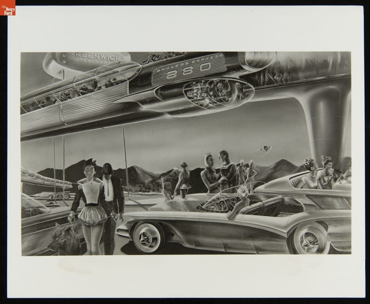 Illustration of Suburbia in the 21st Century by Ford Motor Company Stylists circa 1956