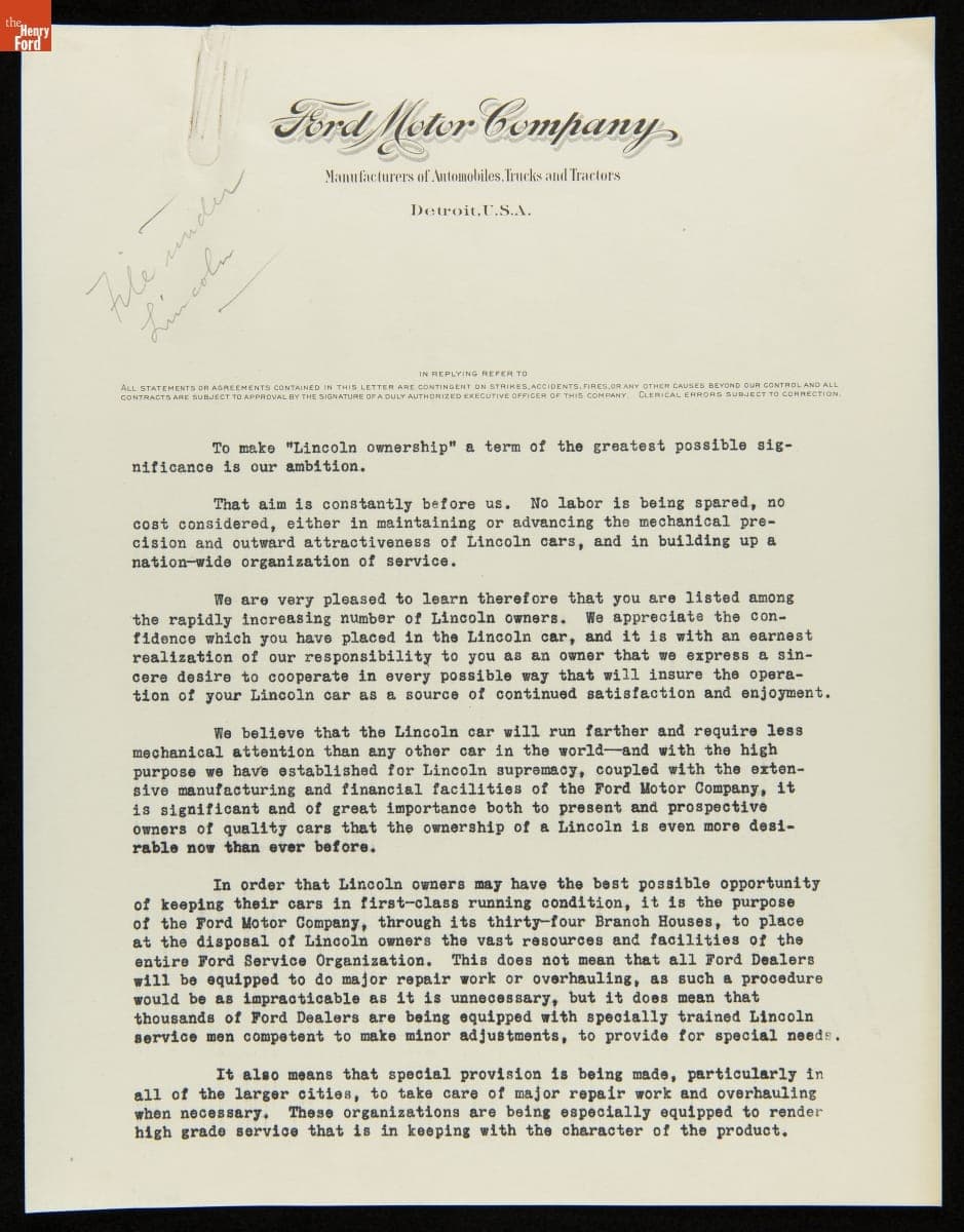 Form Letter from Ford Motor Company to Lincoln Automobile Owners, 1922