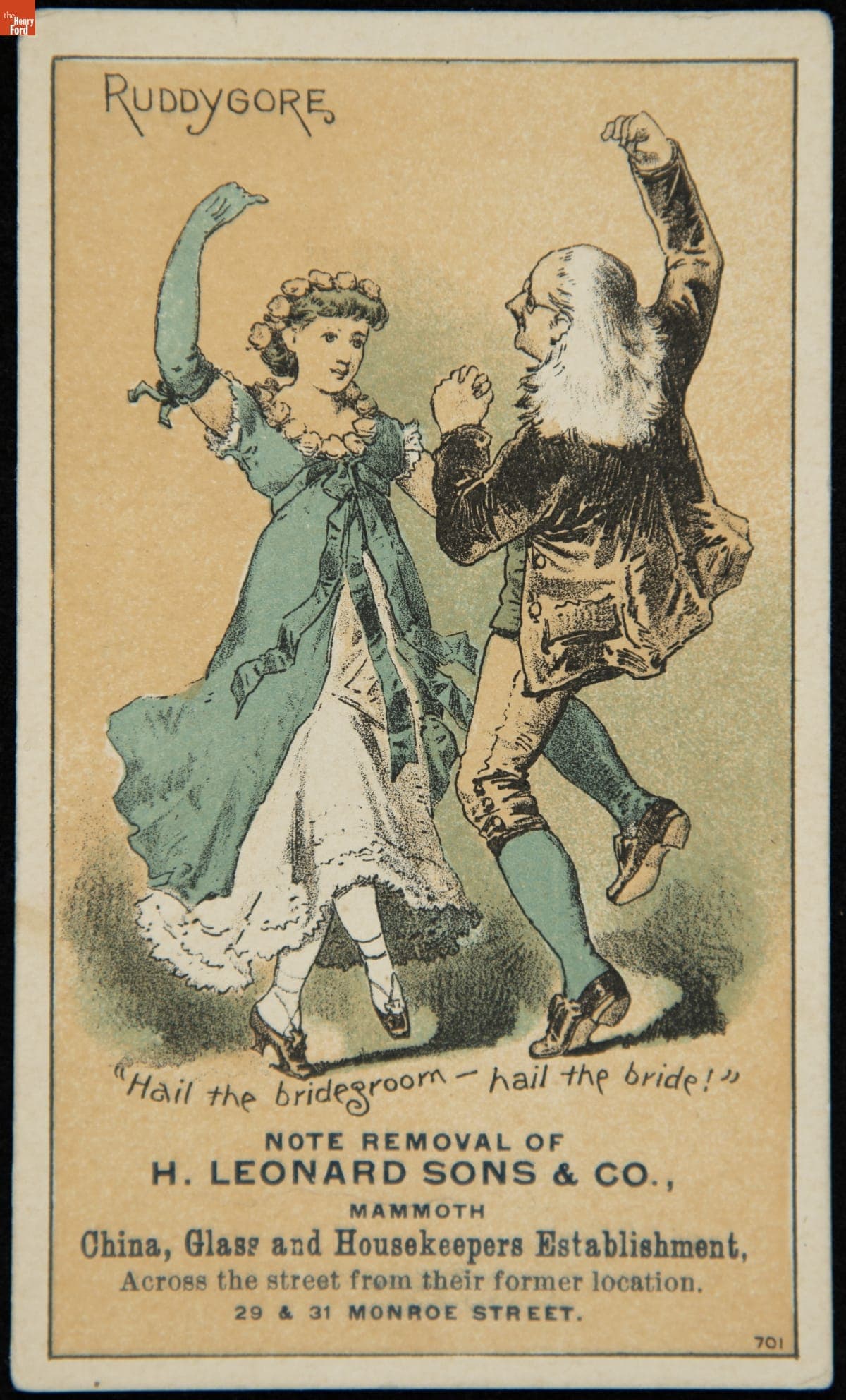 Trade Card for H. Leonard Sons & Co., "Hail, the Bridegroom!, Hail, the Bride," circa 1887