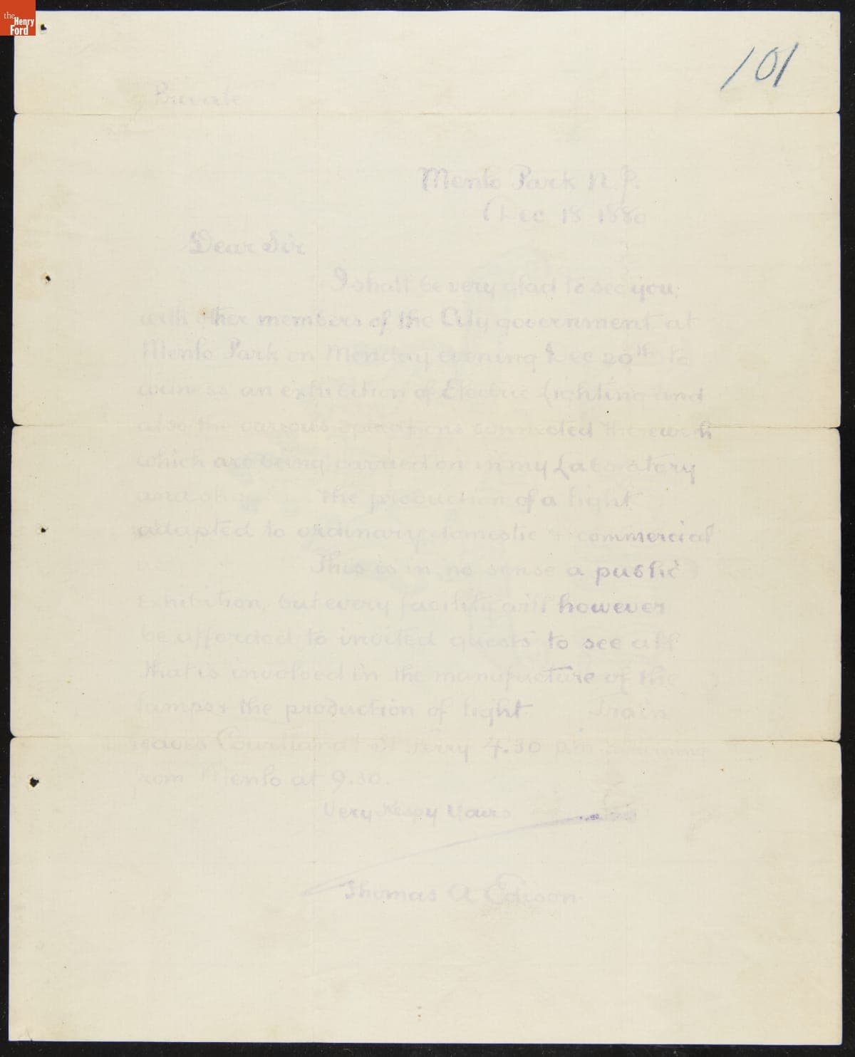 Invitation Sent to Members of "The City Government" for a Lighting Exhibition at Menlo Park Laboratory, December 18, 1880