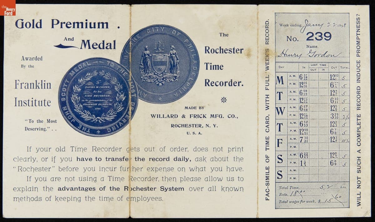 Trade Catalog for Willard & Frick Manufacturing Company, "Rochester Time Clocks," 1898