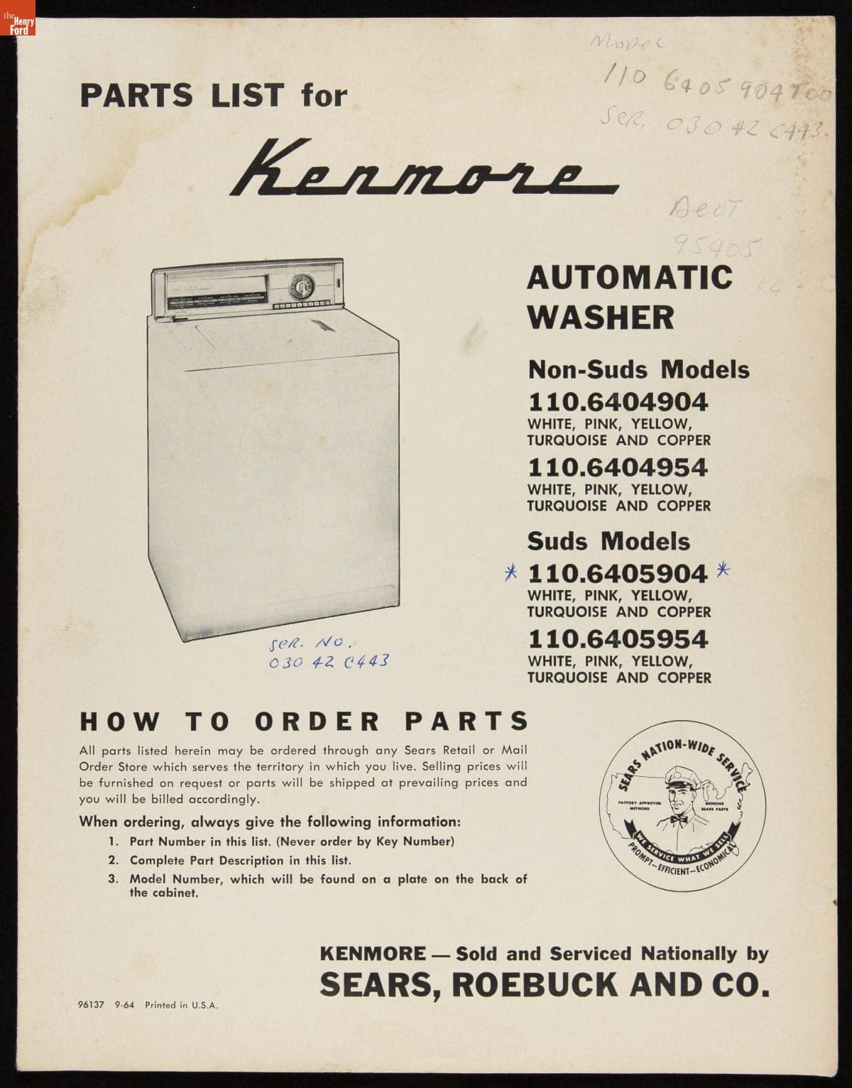 Parts List for Kenmore Automatic Washer, 1964