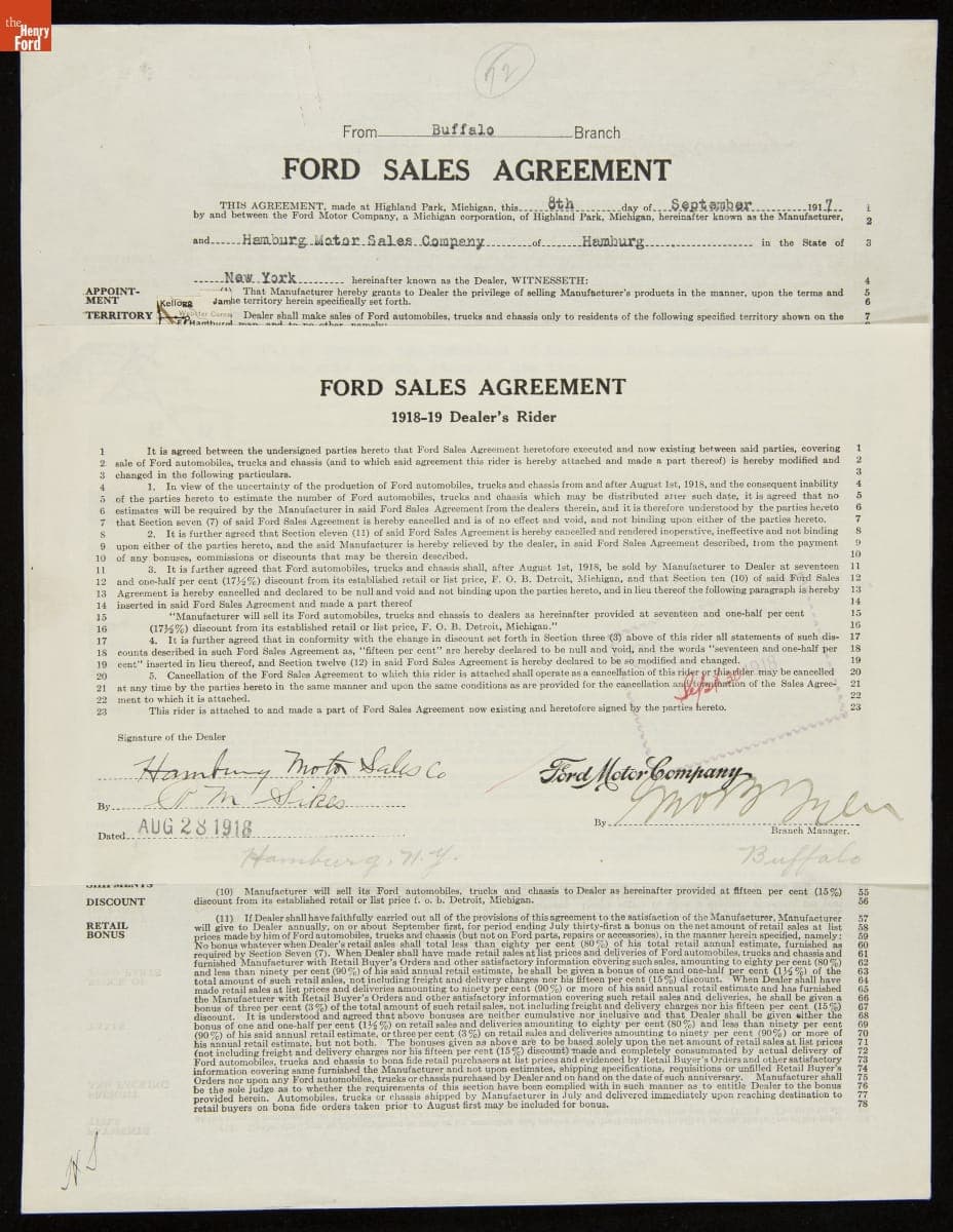 Cancelled Ford Sales Agreement for Hamburg Motor Sales Company, Hamburg, New York, September 30, 1918