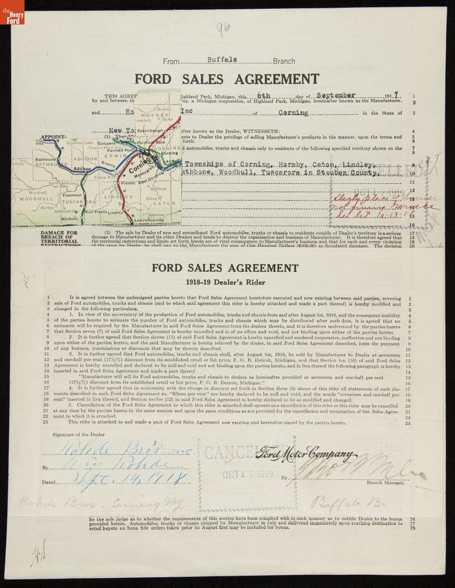 Cancelled Ford Sales Agreement for Rohde Bros. Inc., Corning, New York, October 17, 1919