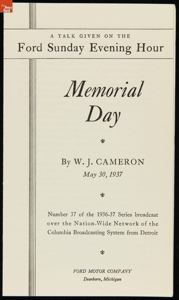 A Talk Given on the Ford Sunday Evening Hour, "Memorial Day," May 30, 1937