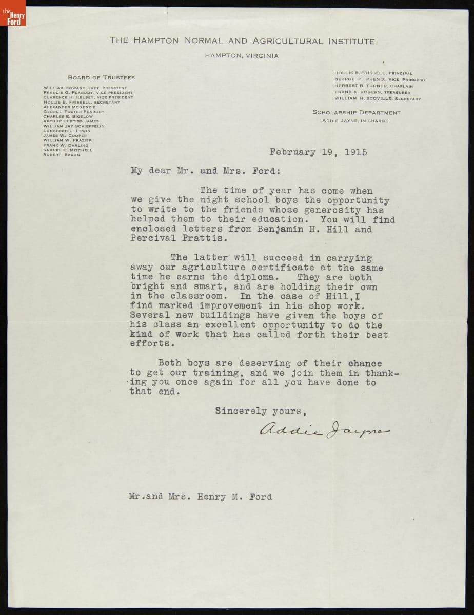 Letters to Mr. and Mrs. Henry Ford from Hampton Institute Students and Their Scholarship Department Leader, February 1915