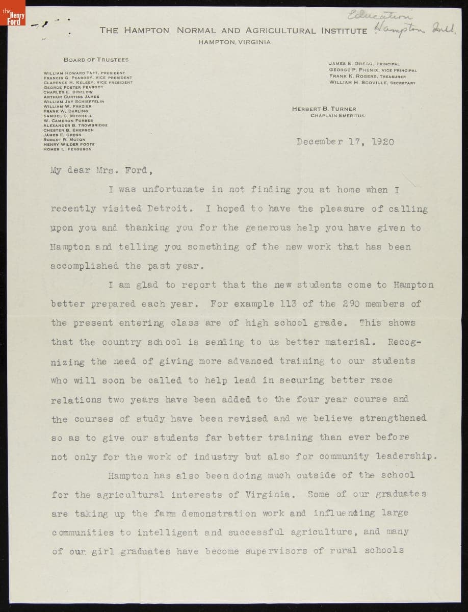 Letter from Herbert Turner, Chaplain at Hampton Institute, to Clara Ford, December 17, 1920