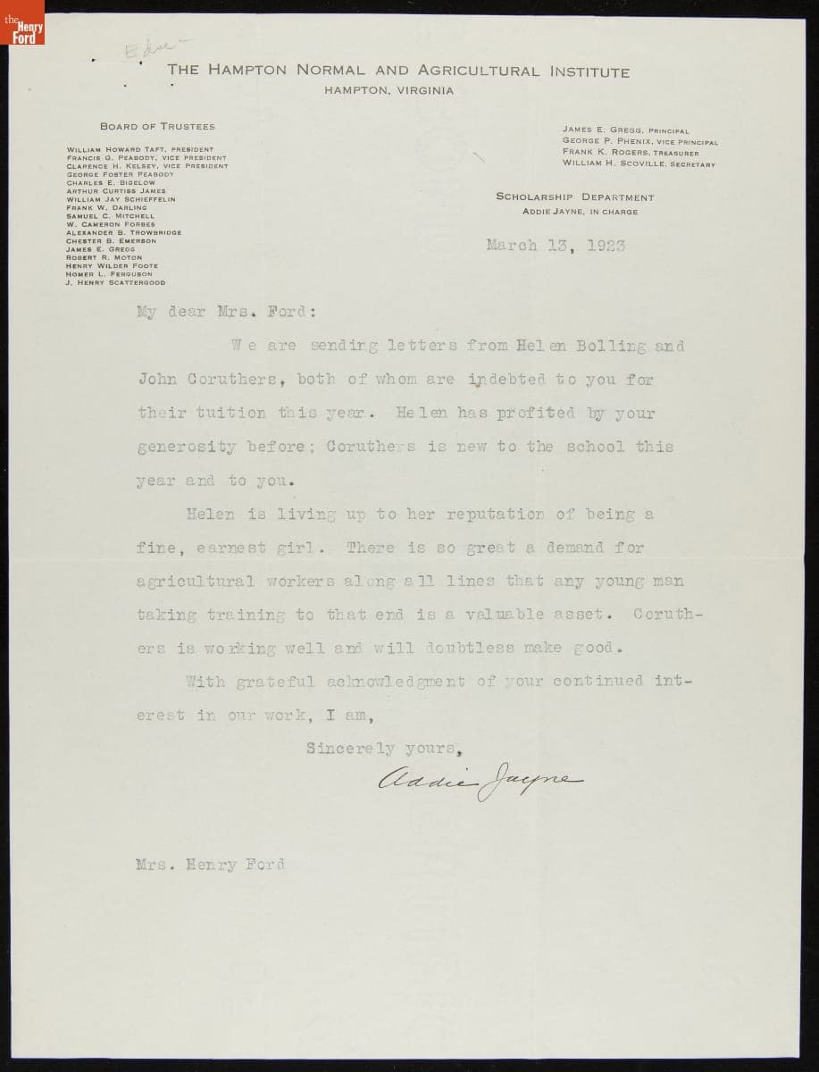 Letters to Clara Ford from Hampton Institute Students and Their Scholarship Department Leader, January-March 1923